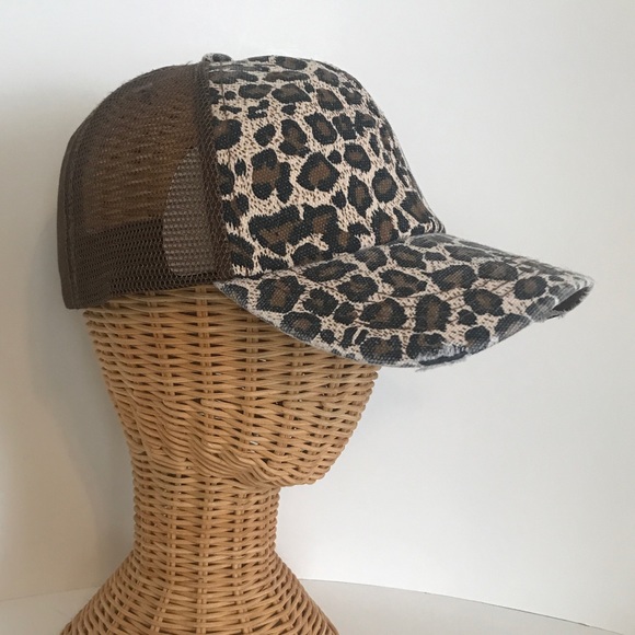Distressed Canvas, Mesh Back Ponytail Hat Adjustable. Leopard Print - Picture 2 of 13